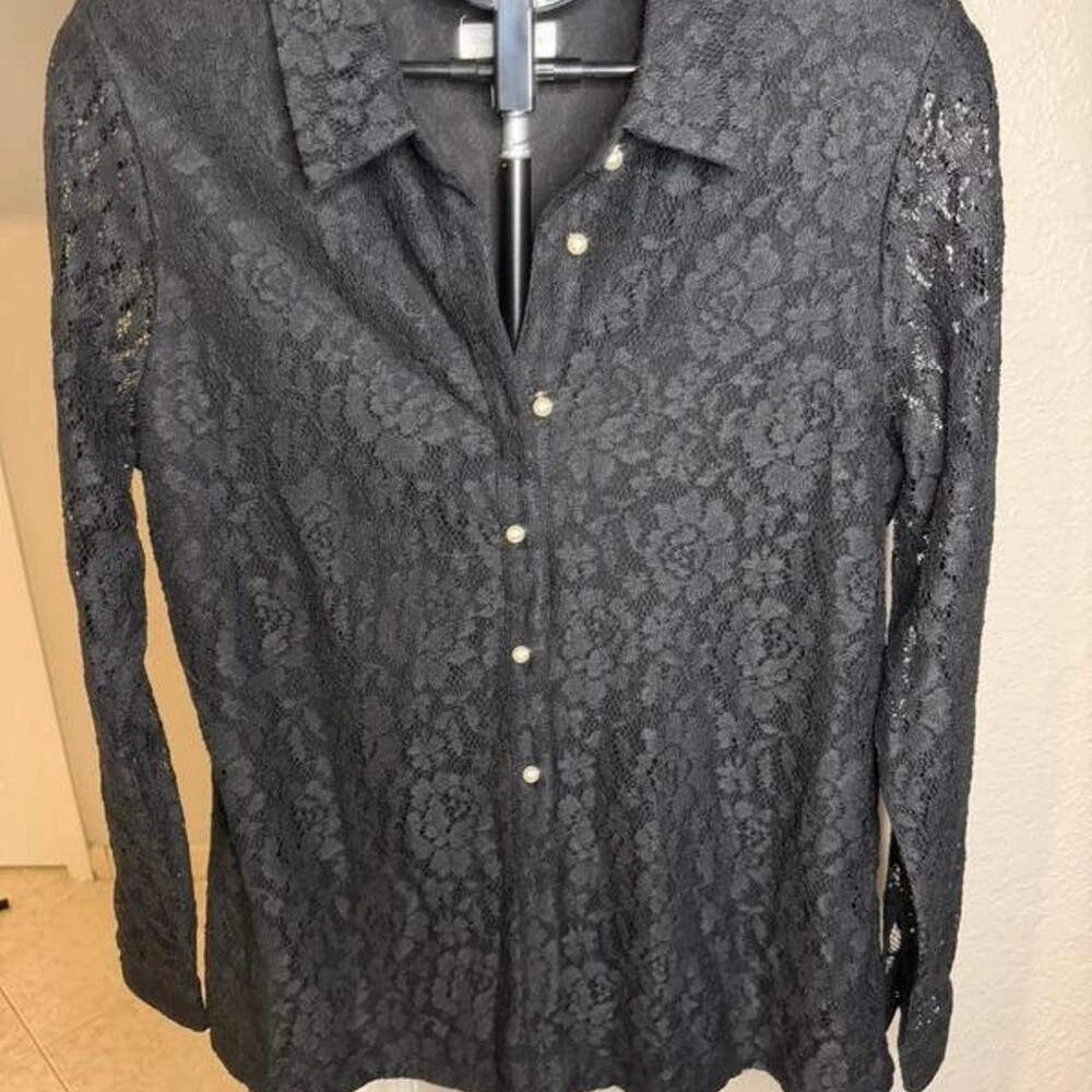 Charter Club Black Floral Lace Pearl Button Front Long Sleeve Blouse Size L